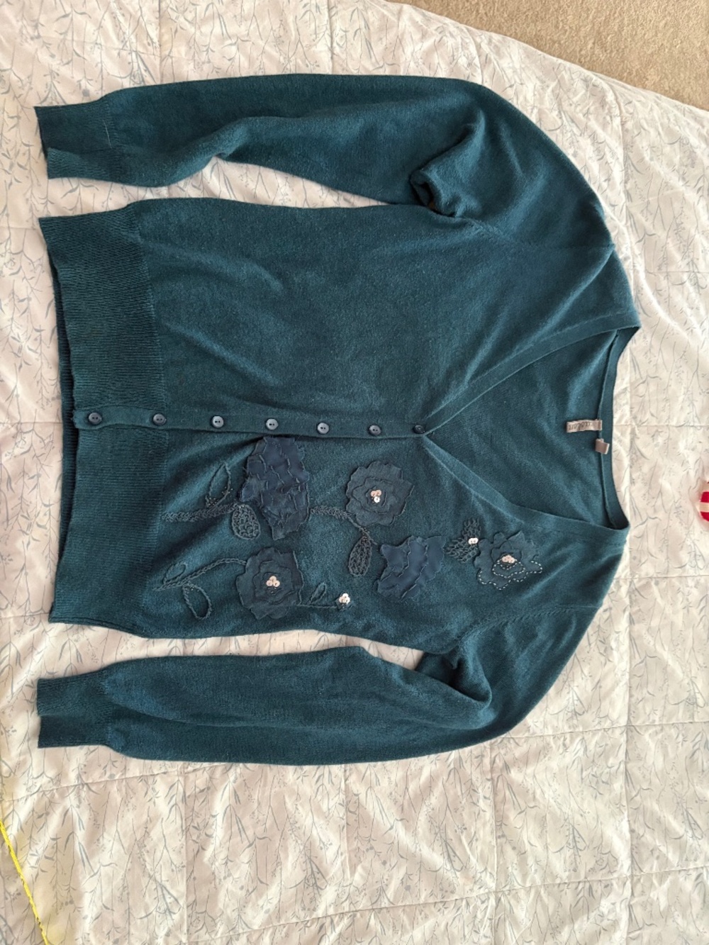 Teal Blue Applique Cardigan Sweater Cotton/Cashmere Mix Size Small